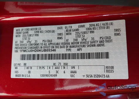 2019 Ford Escape Sel z USA, uszkodzony, nr VIN 1FMCU0HD0KUB05346